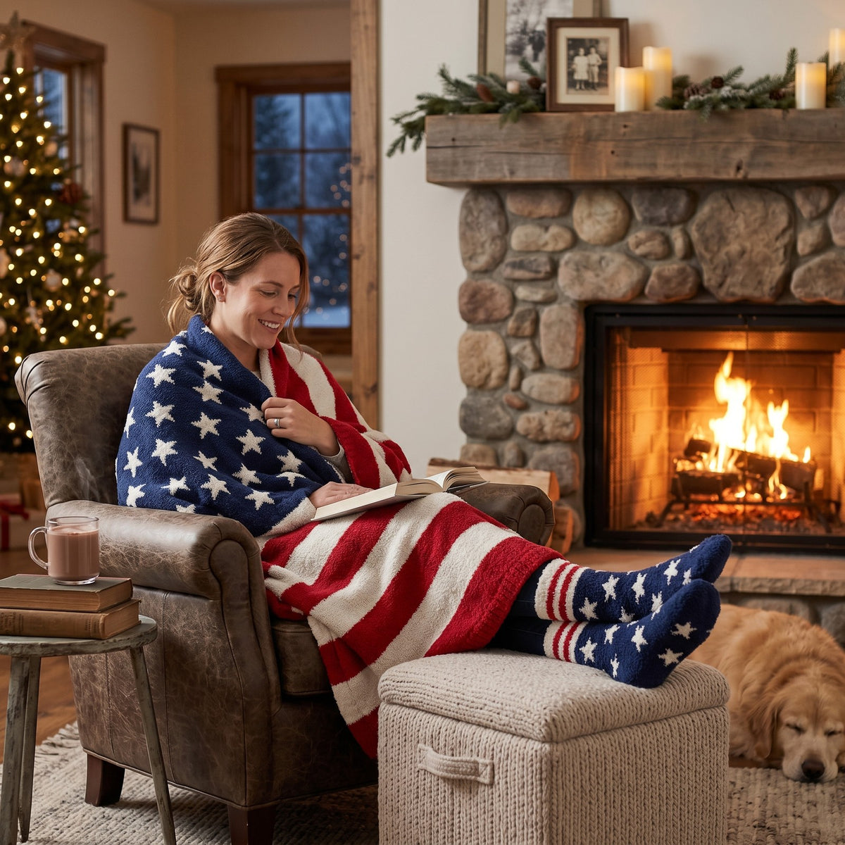 Woman by a fireplace wearing American Flag Socks