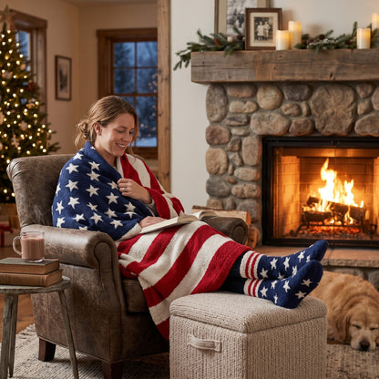 Woman by a fireplace wearing American Flag Socks