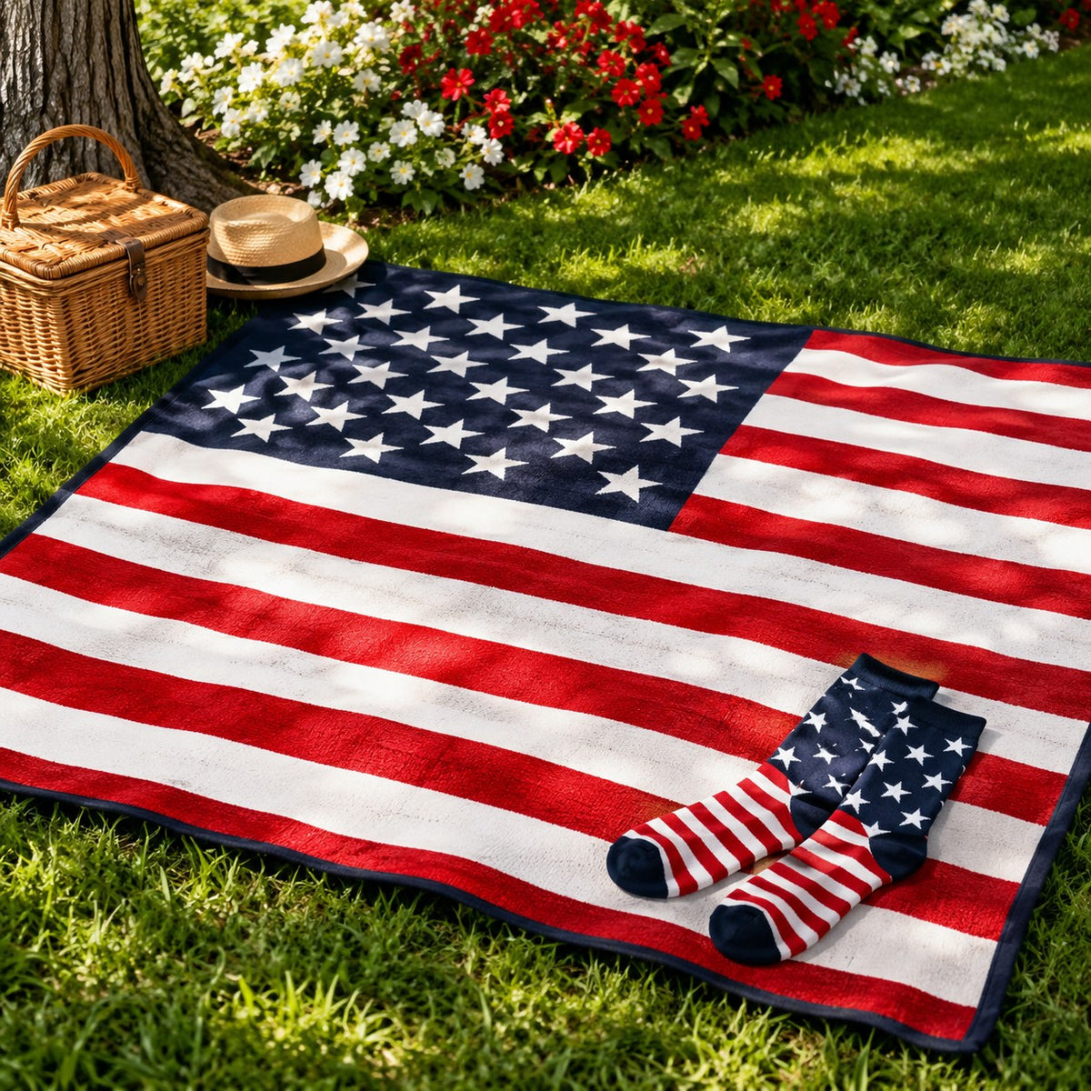 American Flag Socks pair on a flag blanket on the lawn