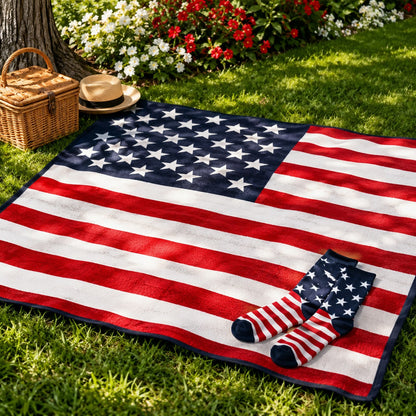 American Flag Socks pair on a flag blanket on the lawn