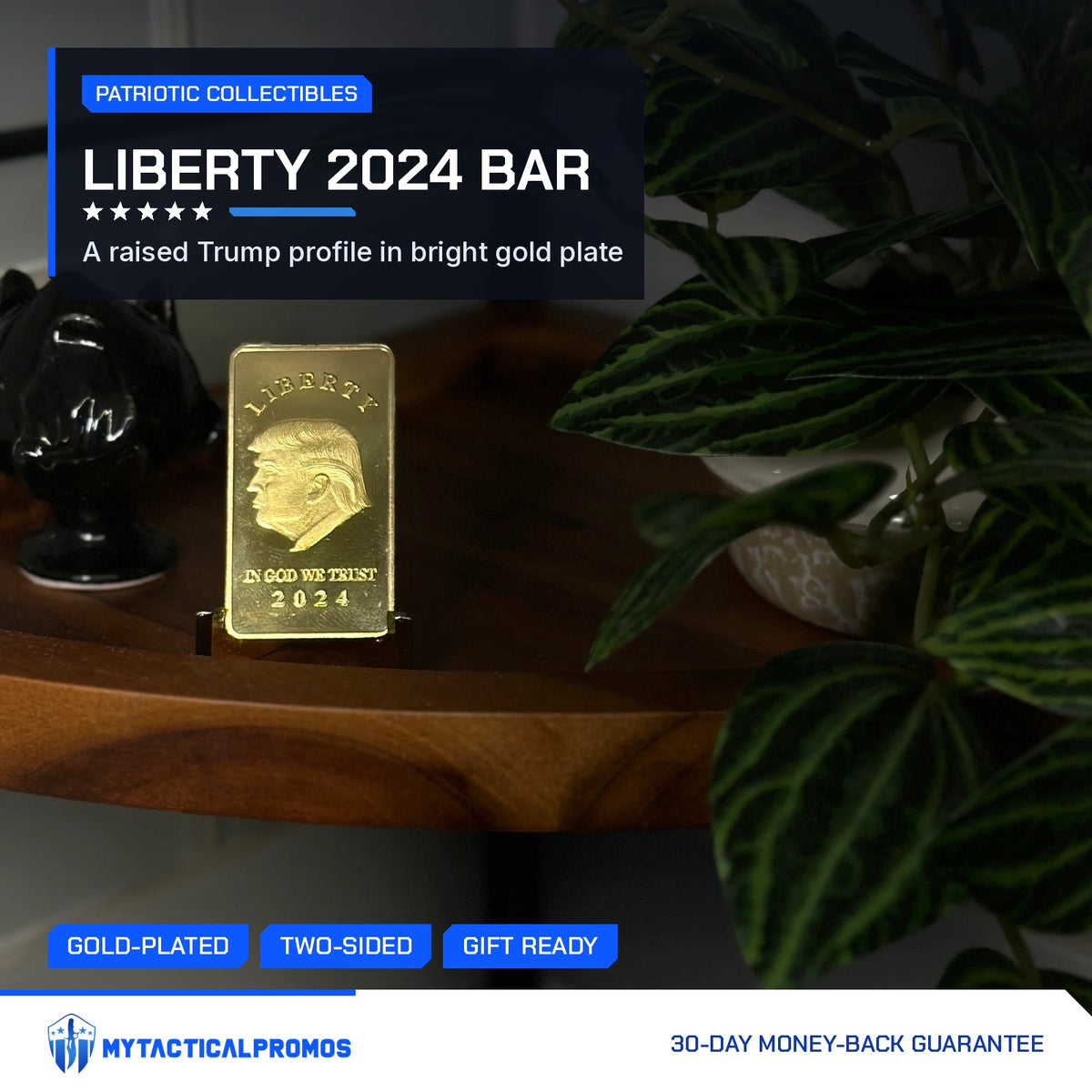 Trump Liberty 2024 gold-plated bar on a stand on a wooden shelf beside a plant