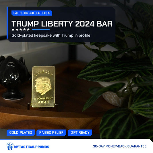 Trump Liberty 2024 gold-plated bar on a stand on a wooden shelf