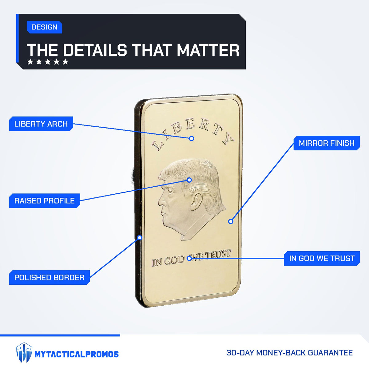 Trump Liberty 2024 gold-plated bar features labeled: Liberty arch, raised profile, polished border, In God We Trust, mirror finish