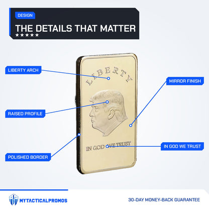Trump Liberty 2024 gold-plated bar features labeled: Liberty arch, raised profile, polished border, In God We Trust, mirror finish