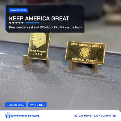 Trump Liberty 2024 gold-plated bar front beside a second bar turned to show the Keep America Great reverse