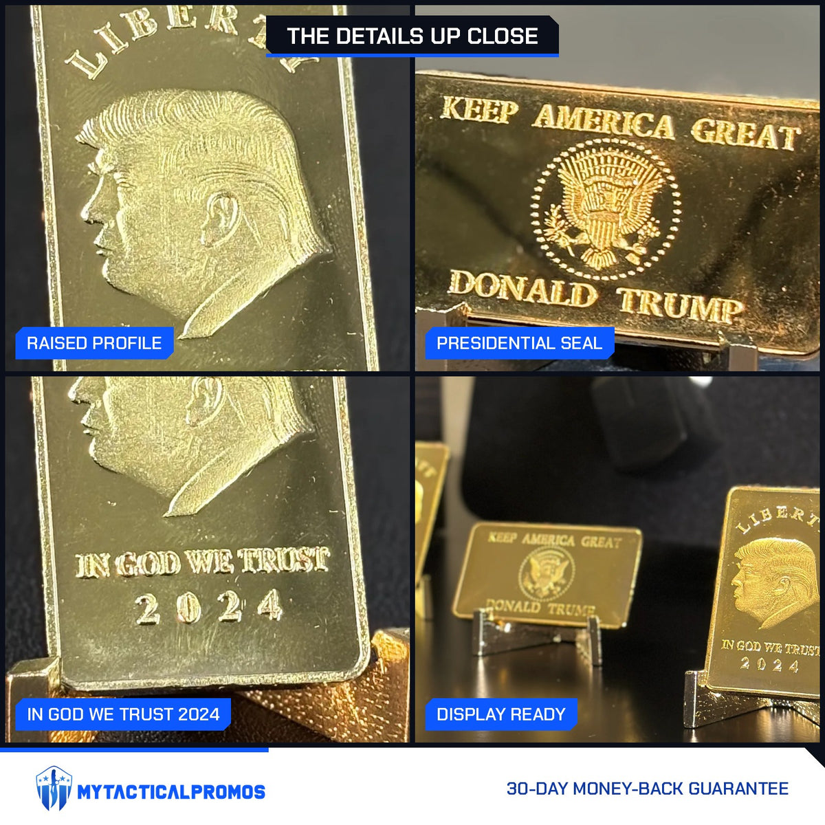 Trump Liberty 2024 gold-plated bar close-ups: raised profile, presidential seal, In God We Trust 2024, display stands