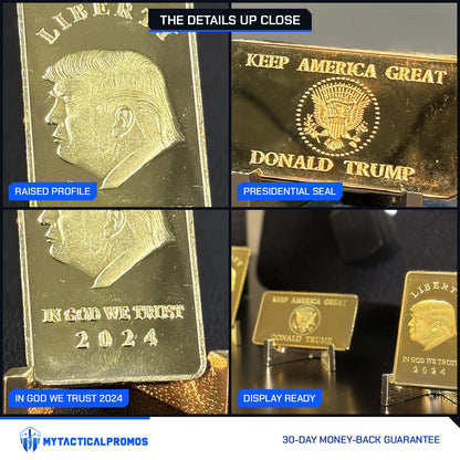 Trump Liberty 2024 gold-plated bar close-ups: raised profile, presidential seal, In God We Trust 2024, display stands