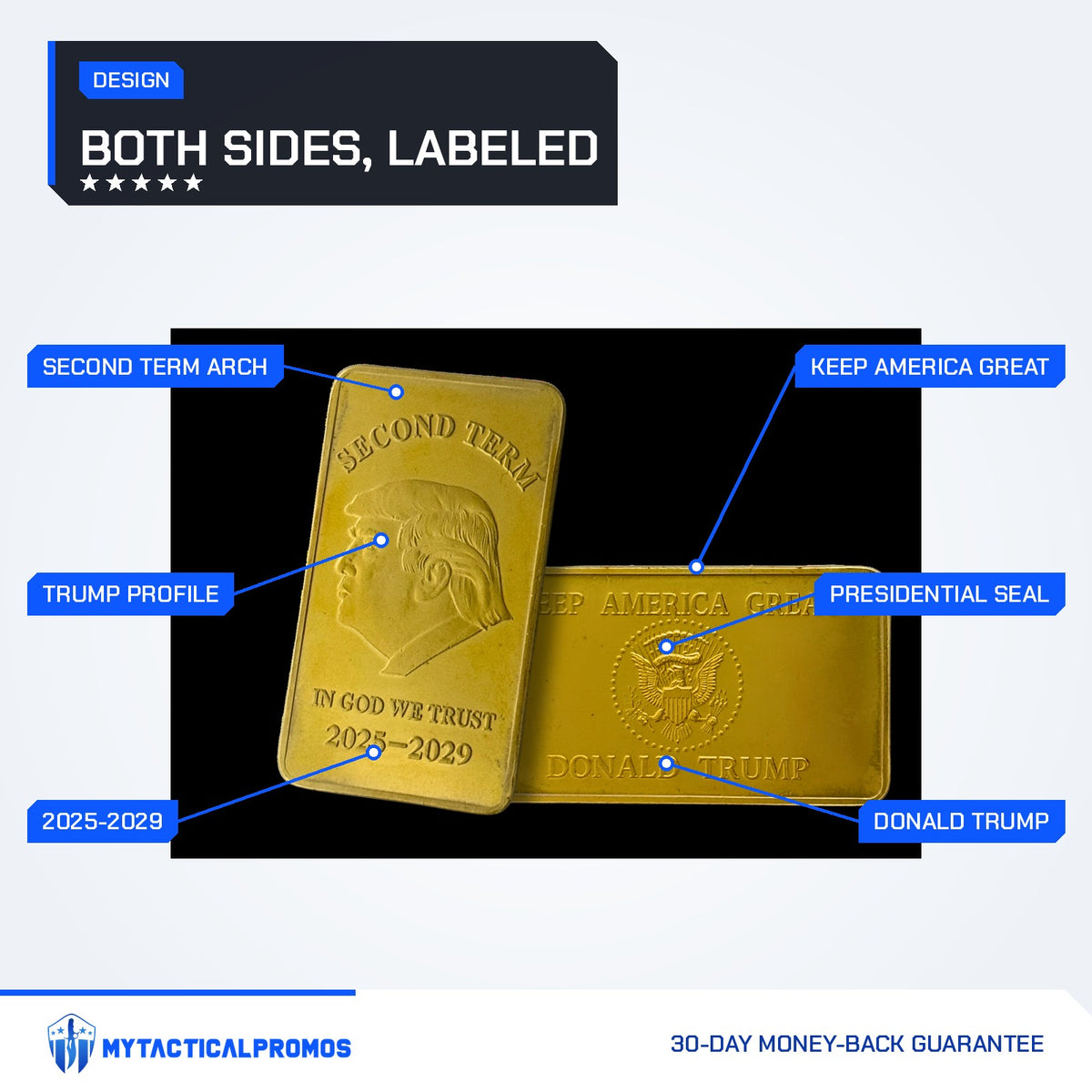 Trump Second Term gold-plated bar features labeled: Second Term arch, Trump profile, 2025-2029, Keep America Great, presidential seal
