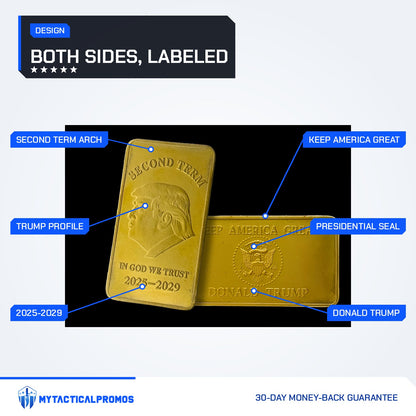 Trump Second Term gold-plated bar features labeled: Second Term arch, Trump profile, 2025-2029, Keep America Great, presidential seal