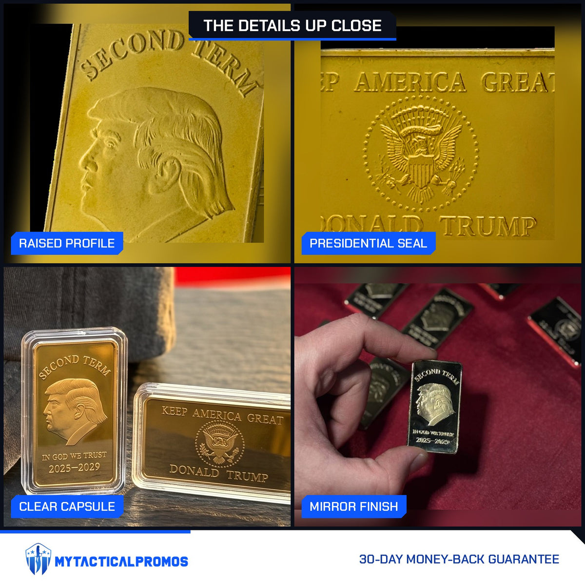Trump Second Term gold-plated bar close-ups: raised profile, presidential seal, clear capsule, mirror finish