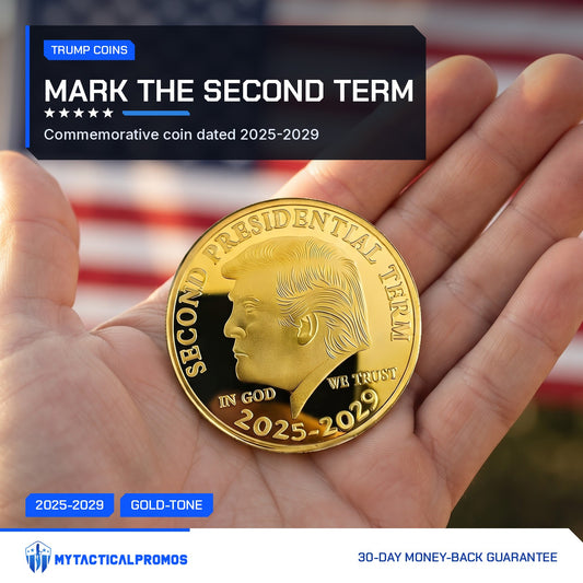 Trump Second Term Coin held in an open palm, flag behind