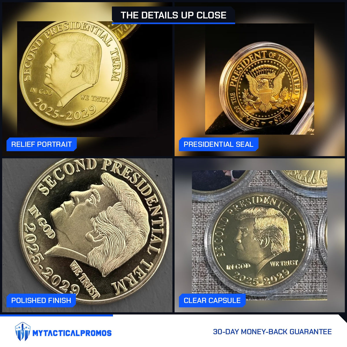 Trump Second Term Coin close-ups: relief portrait, presidential seal, polished finish, clear capsule