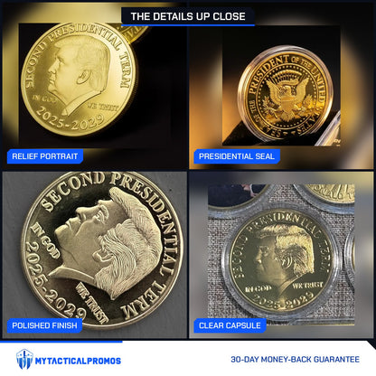 Trump Second Term Coin close-ups: relief portrait, presidential seal, polished finish, clear capsule