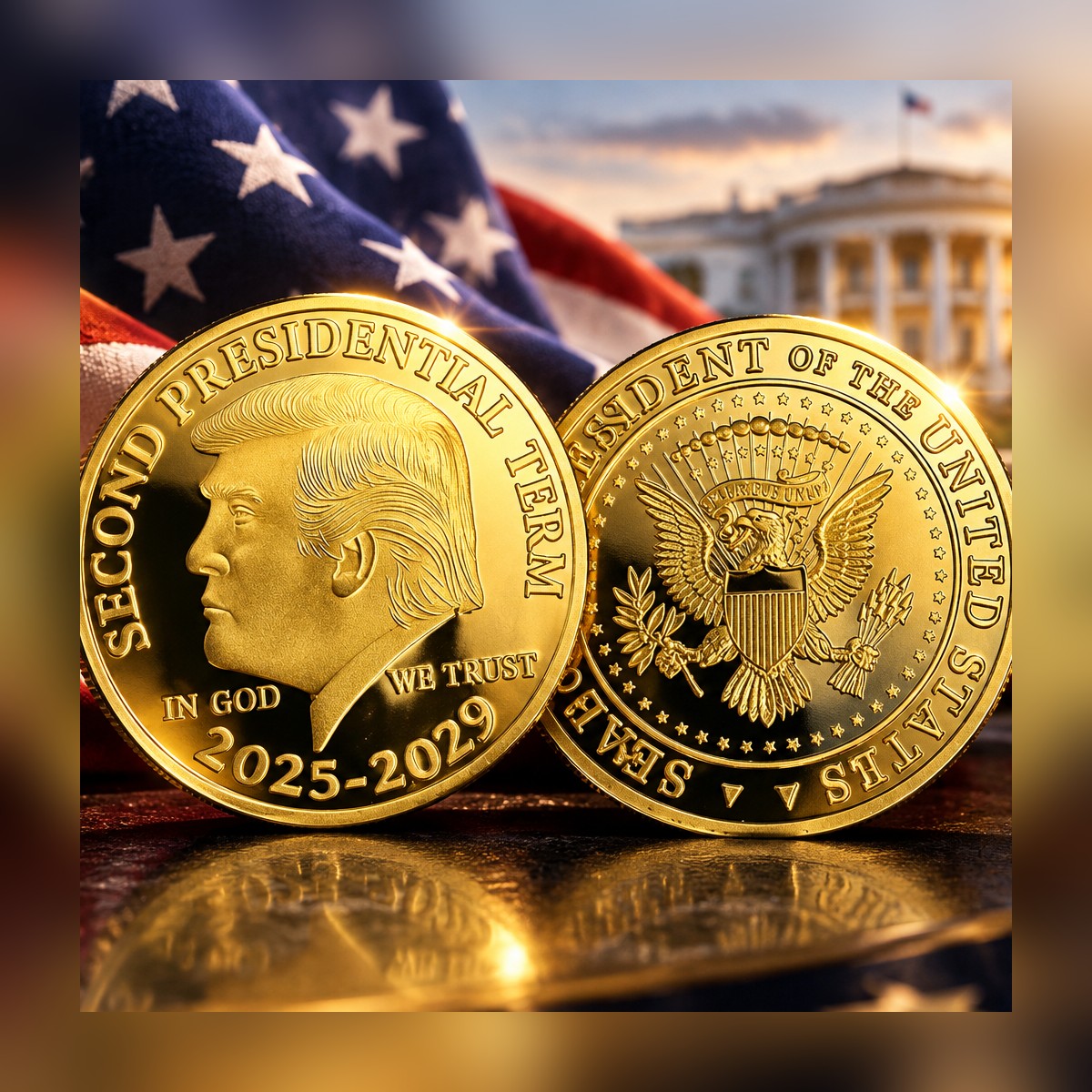 Trump Second Term Coin, both sides, on a flag with the White House behind