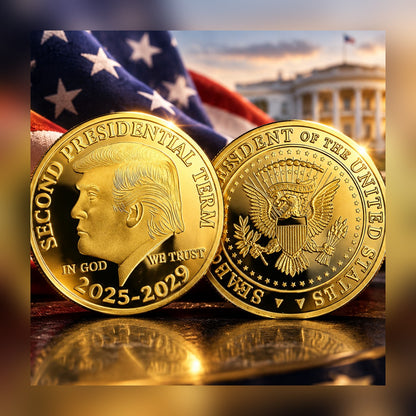 Trump Second Term Coin, both sides, on a flag with the White House behind