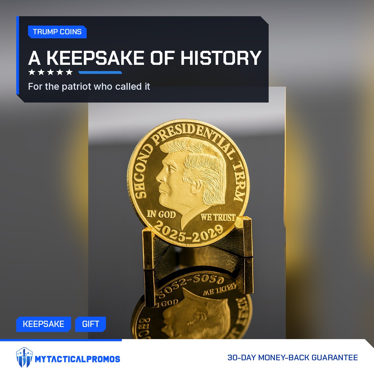 Trump Second Term Coin standing on a glossy surface with its reflection