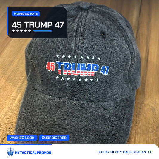 Trump 45/47 Hat resting on a wooden table
