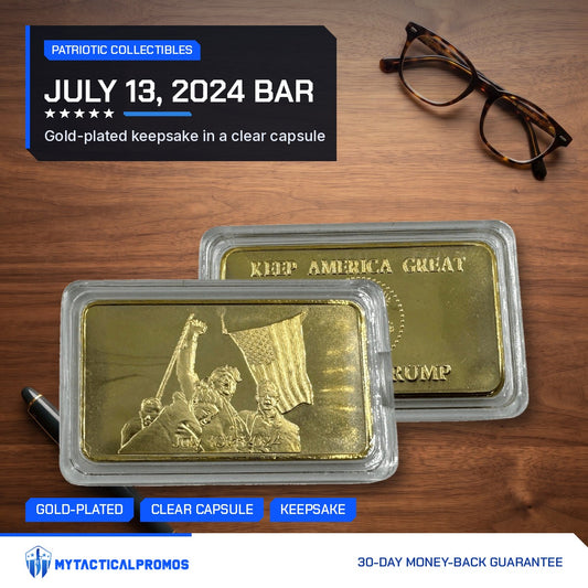 Trump July 13 commemorative gold-plated bars in capsules on a wooden desk