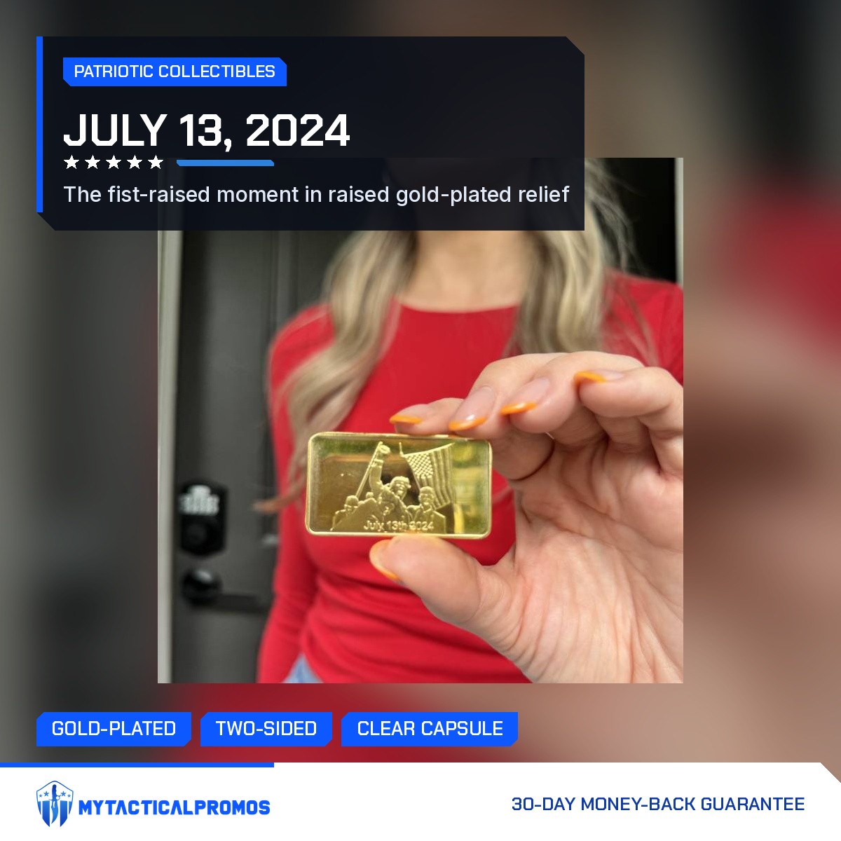 Woman holding the Trump July 13 commemorative gold-plated bar showing the fist-raised scene