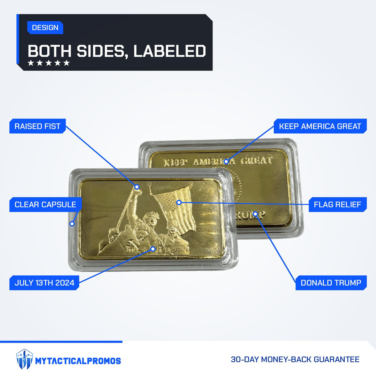 Trump July 13 commemorative gold-plated bar labeled: raised fist, flag relief, July 13th 2024, clear capsule, Keep America Great, Donald Trump