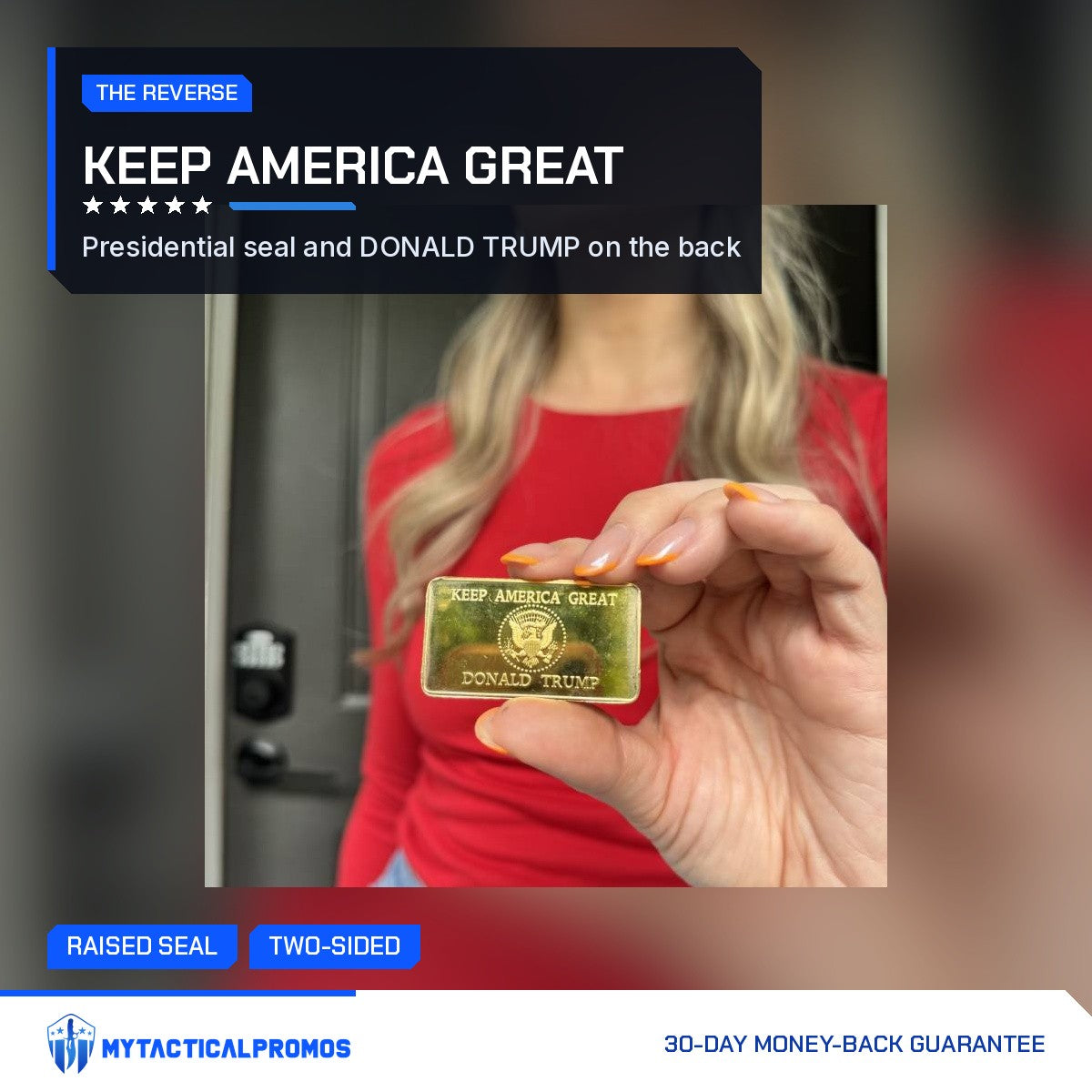 Keep America Great reverse of the Trump July 13 commemorative bar held in hand