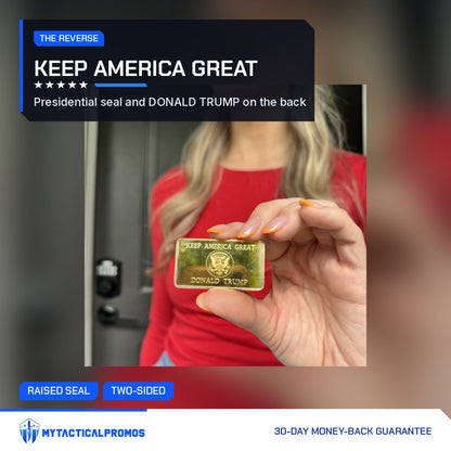 Keep America Great reverse of the Trump July 13 commemorative bar held in hand