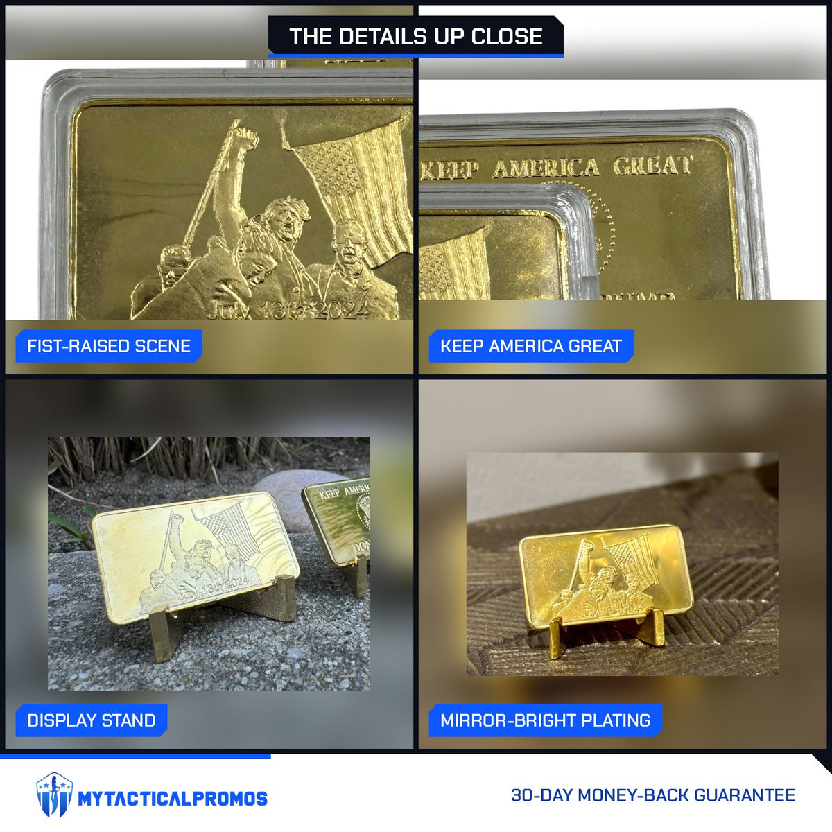 Trump July 13 commemorative gold-plated bar close-ups: fist-raised scene, Keep America Great reverse, display stand, mirror-bright plating