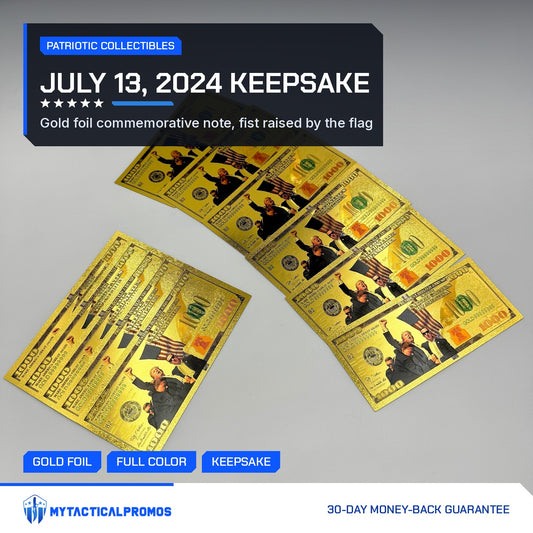 Trump July 13 commemorative gold foil bills fanned out on a gray surface