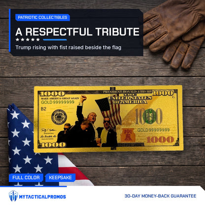 Trump July 13 commemorative gold foil bill beside a folded American flag
