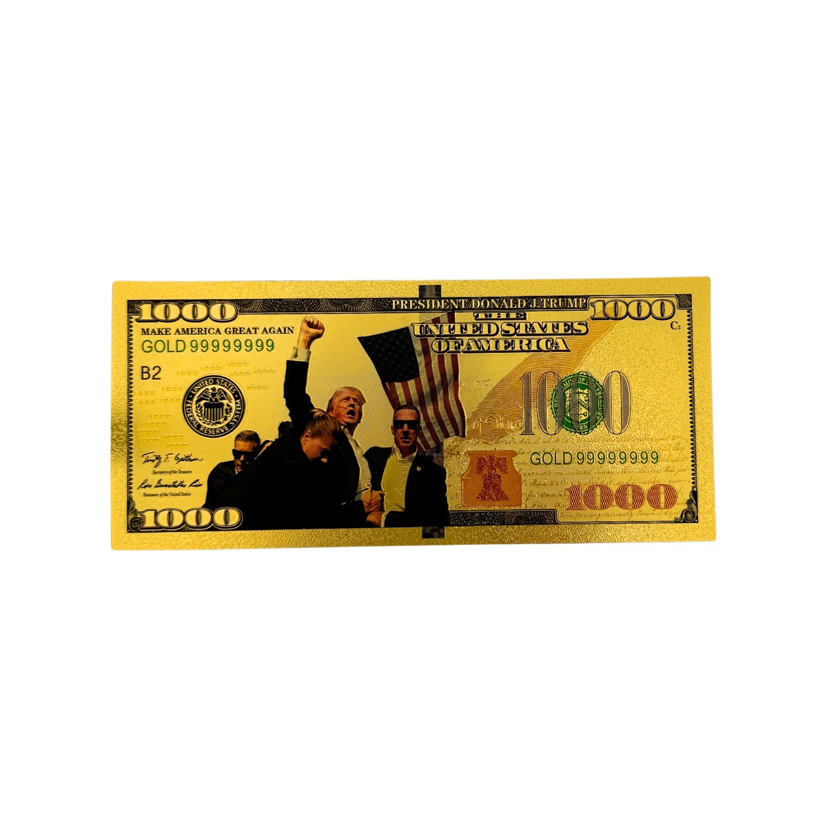 Trump July 13 commemorative gold foil bill, full front view