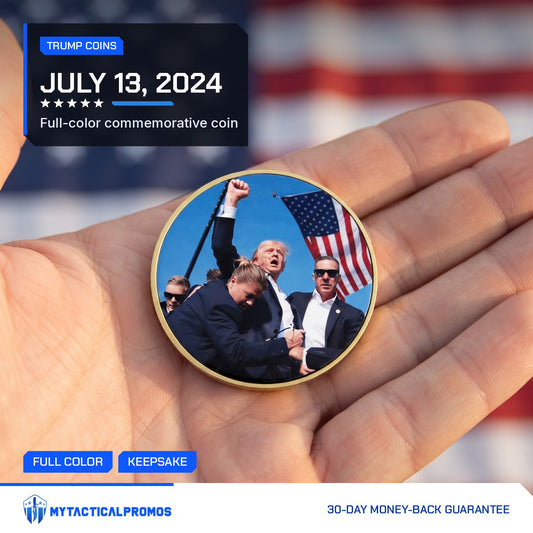 Trump July 13 Coin with full-color face held in an open palm