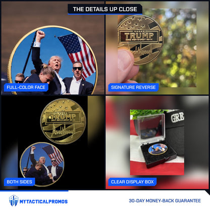 Trump July 13 Coin close-ups: full-color face, TRUMP signature reverse, both sides together, clear display box