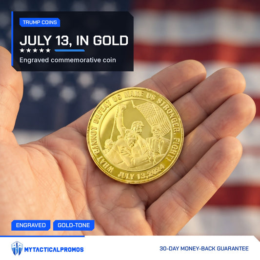 Trump July 13 Coin V2 engraved scene held in an open palm
