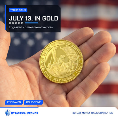 Trump July 13 Coin V2 engraved scene held in an open palm