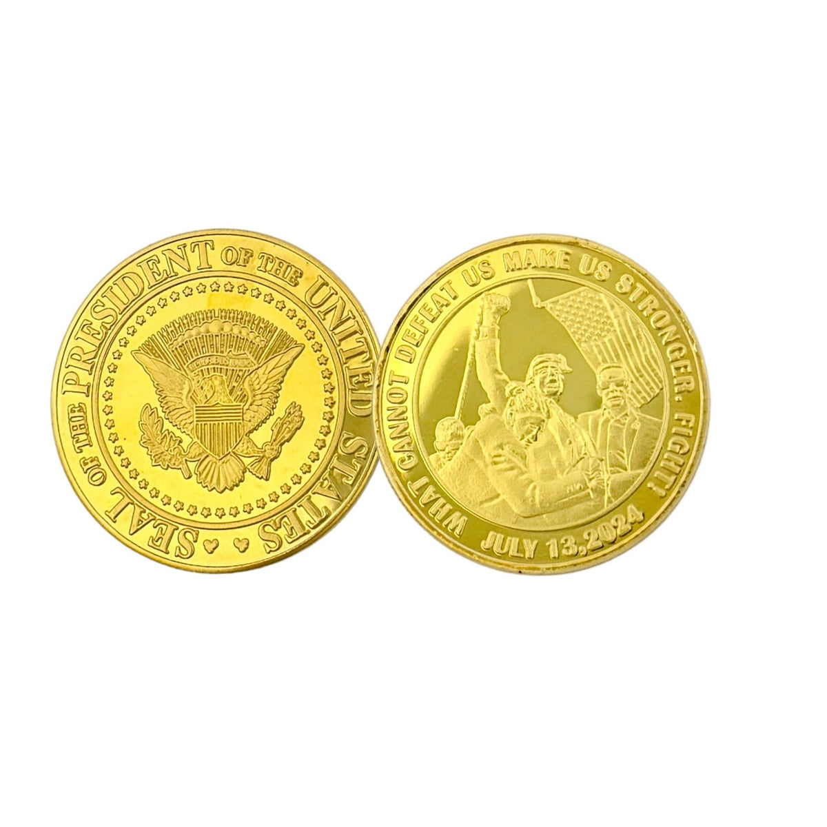 Trump July 13 Coin V2 both sides: presidential seal reverse and engraved July 13, 2024 front