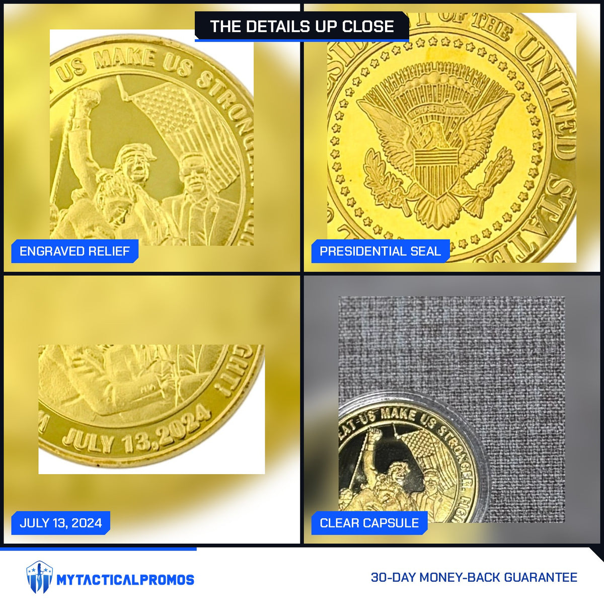 Trump July 13 Coin V2 close-ups: engraved relief, presidential seal, July 13, 2024 date, clear capsule