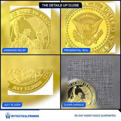 Trump July 13 Coin V2 close-ups: engraved relief, presidential seal, July 13, 2024 date, clear capsule