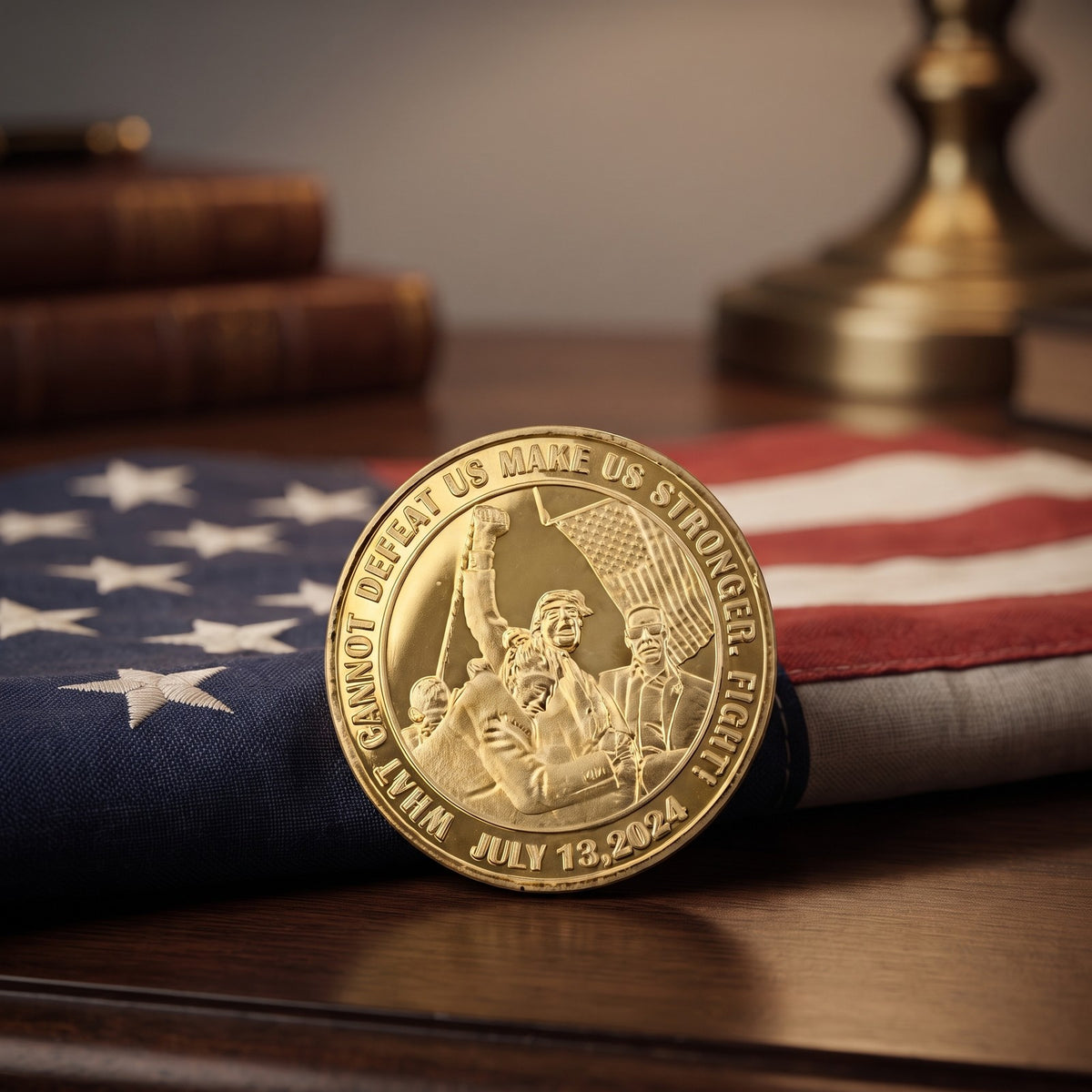Trump July 13 Coin V2 resting against a folded American flag