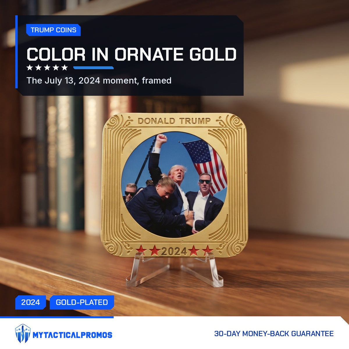 Trump July 13 Square Coin on a stand on a bookshelf