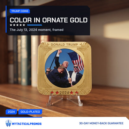Trump July 13 Square Coin on a stand on a bookshelf