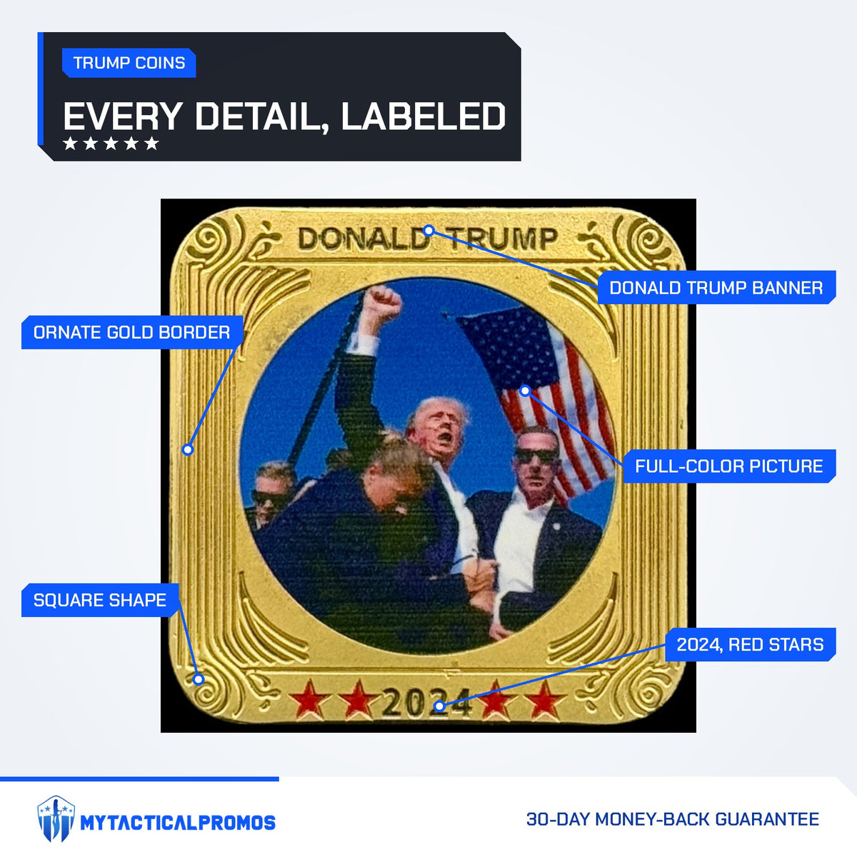 Trump July 13 Square Coin front labeled: Donald Trump banner, full-color picture, ornate gold border, 2024 with red stars