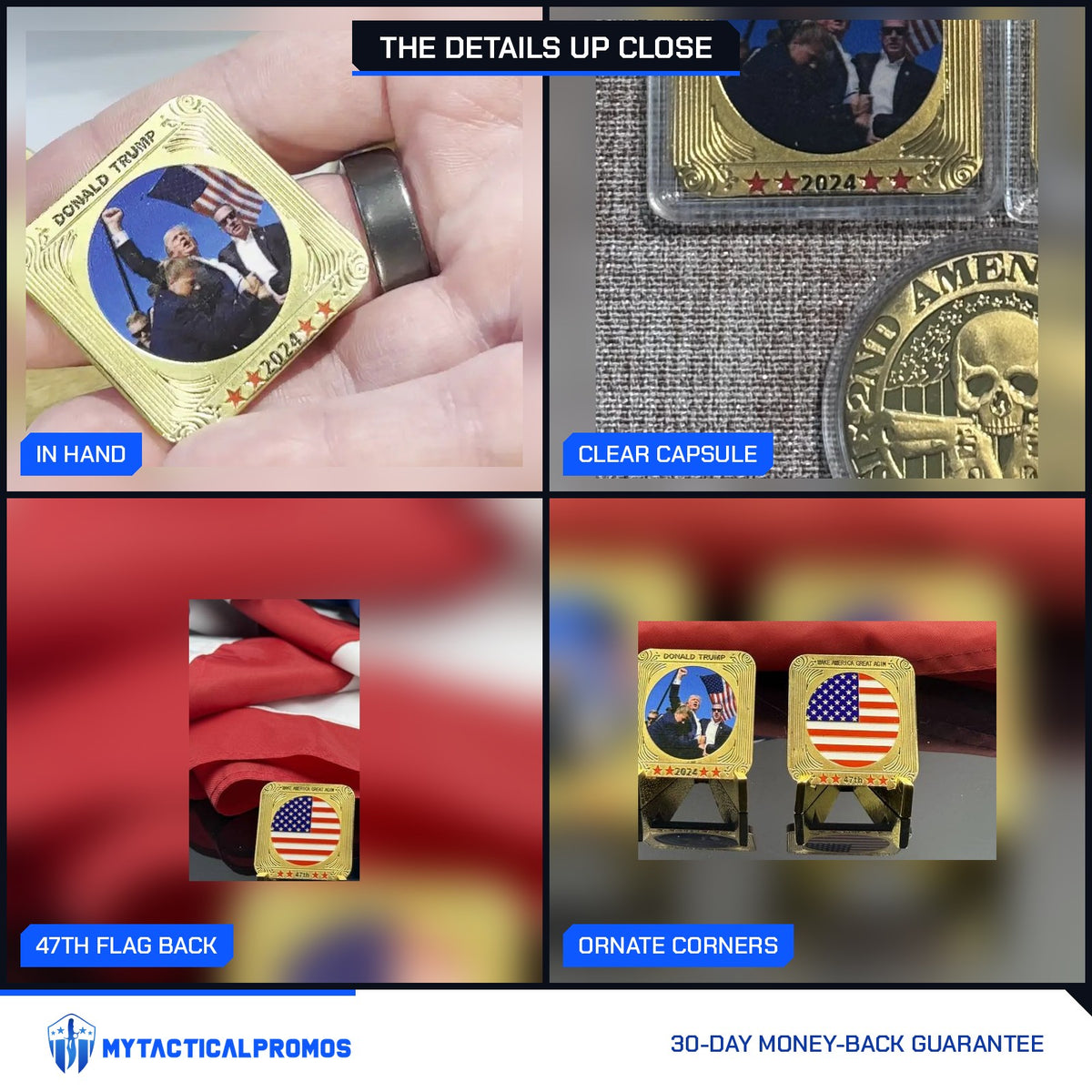 Trump July 13 Square Coin close-ups: held in hand, clear capsule, 47th flag back, ornate corners