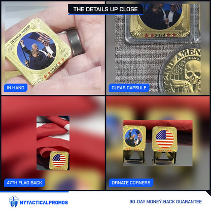 Trump July 13 Square Coin close-ups: held in hand, clear capsule, 47th flag back, ornate corners