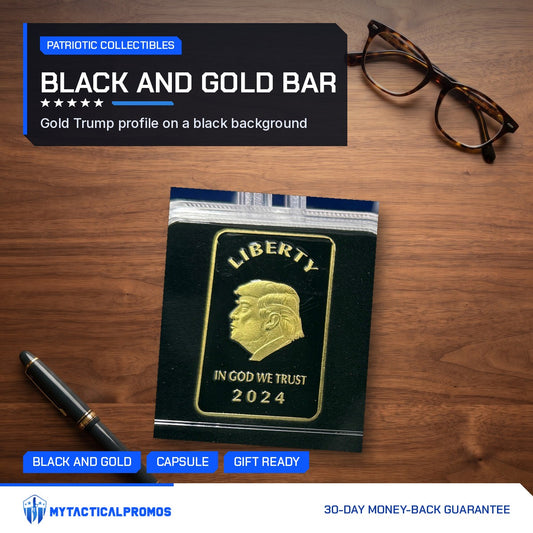 Trump Liberty 2024 black and gold bar in its capsule on a wooden desk