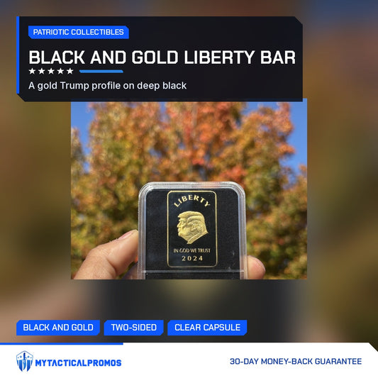 Trump Liberty 2024 black and gold bar in its clear capsule held up against autumn trees