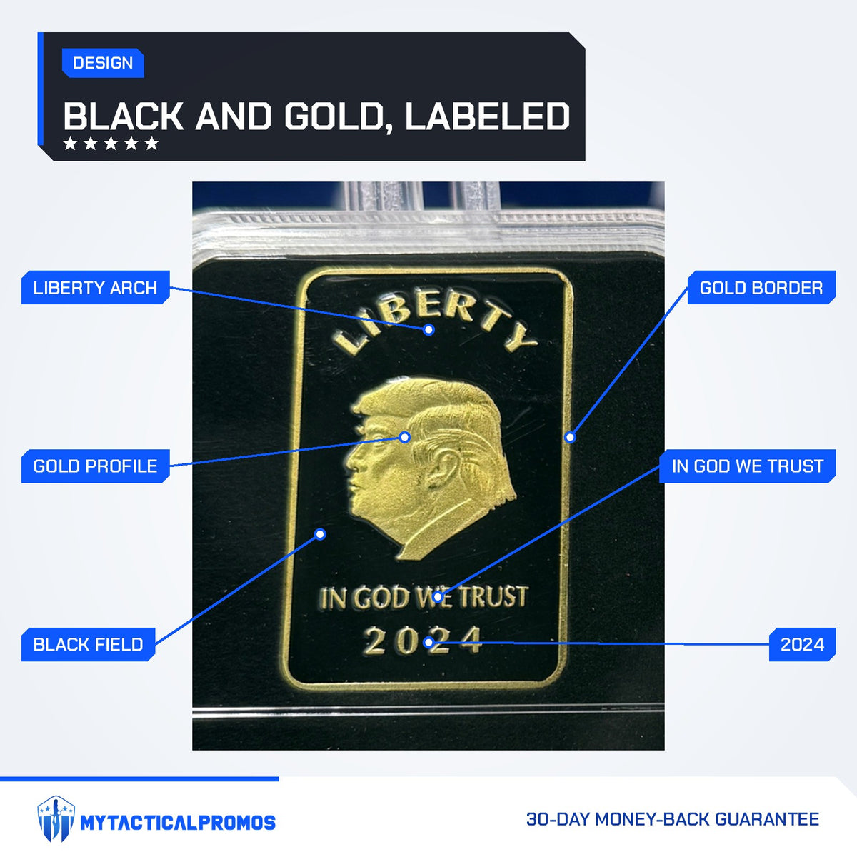 Trump Liberty 2024 black and gold bar labeled: Liberty arch, gold profile, gold border, black field, In God We Trust, 2024
