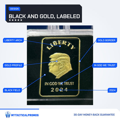 Trump Liberty 2024 black and gold bar labeled: Liberty arch, gold profile, gold border, black field, In God We Trust, 2024