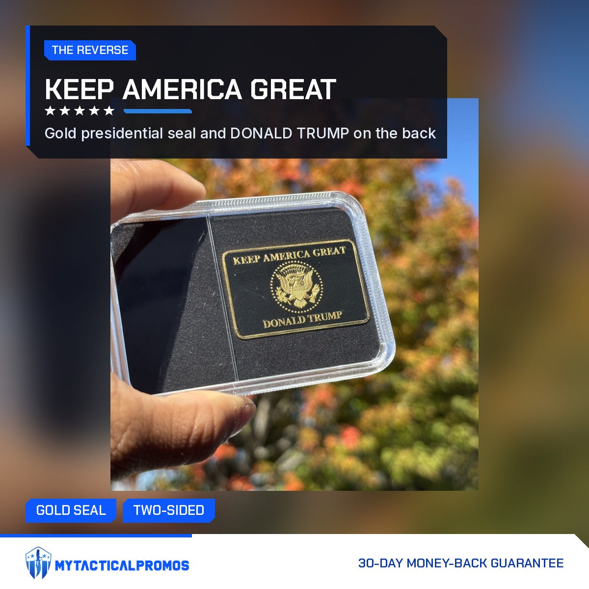 Keep America Great reverse of the Trump Liberty 2024 black and gold bar held up outdoors