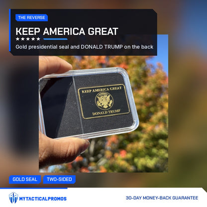 Keep America Great reverse of the Trump Liberty 2024 black and gold bar held up outdoors