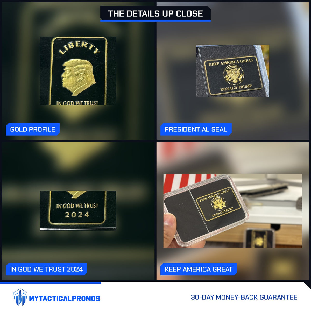 Trump Liberty 2024 black and gold bar close-ups: gold profile, presidential seal, In God We Trust 2024, Keep America Great reverse